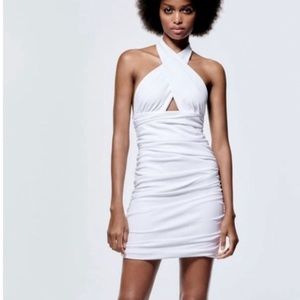 White Zara ruched mini dress. Used summer dress